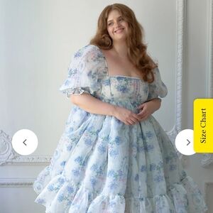 Selkie Pastel Blue and White Puff Sleeve Dress